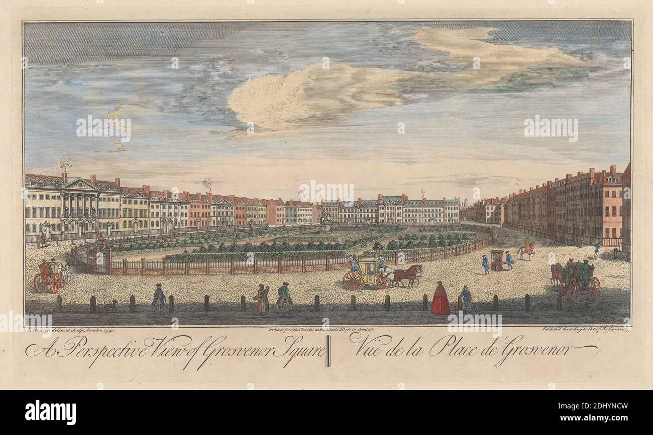 A Perspective View of Grosvenor Square, John Maurer, aktiv 1713–1761, nach John Maurer, aktiv 1713–1761, 1741, handkolorierte Gravur Stockfoto