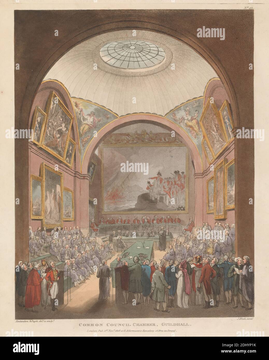 Common Council Chamber, Guildhall, Thomas Rowlandson, 1756–1827, britisch, und John Bluck, aktiv 1791–1831, britisch, nach Augustus Charles Pugin, 1762–1832, französisch, 1808, Aquatint, handfarbig Stockfoto