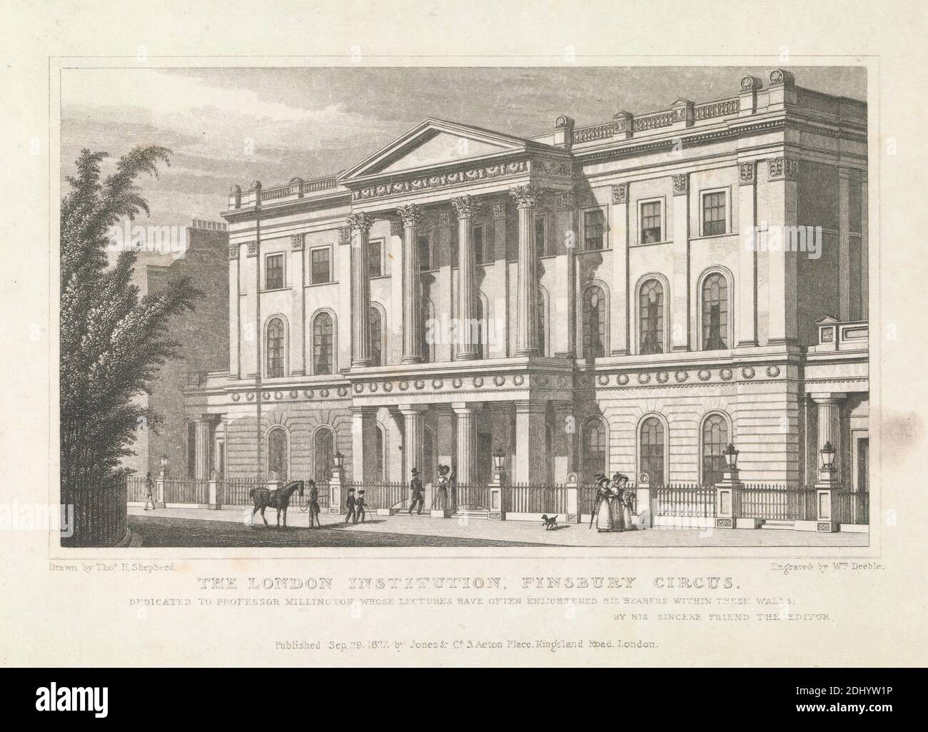 The London Institution, Funsbury Circus, William Deeble, aktiv 1814–1849, britisch, nach Thomas Hosmer Shepherd, 1792–1864, britisch, 1827, Engraving Stockfoto