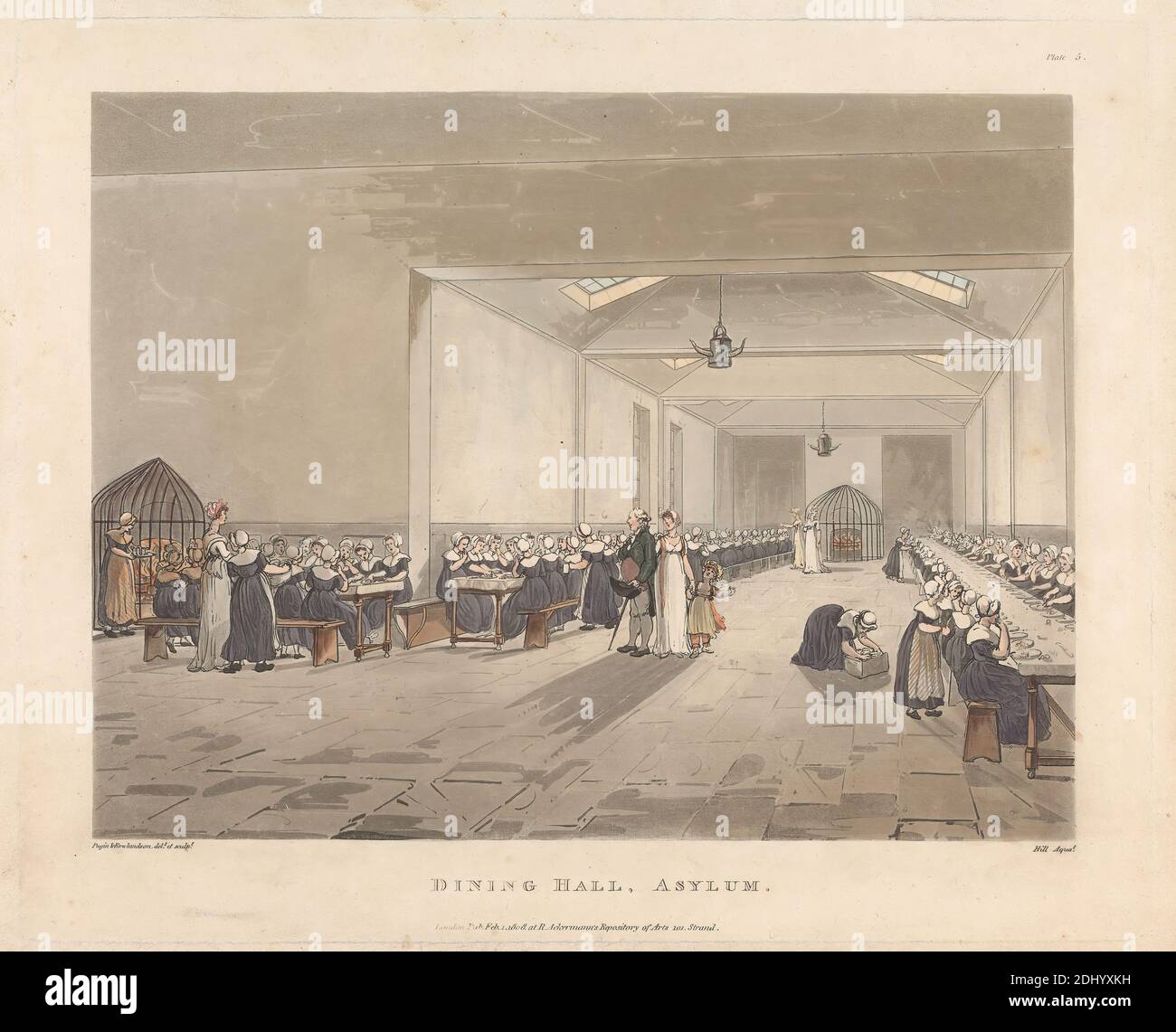 Dining Hall, Asylum, John Hill, 1770–1850, britisch, und Thomas Rowlandson, 1756–1827, britisch, nach Augustus Charles Pugin, 1762–1832, französisch, 1809, Aquatint, handfarbig Stockfoto