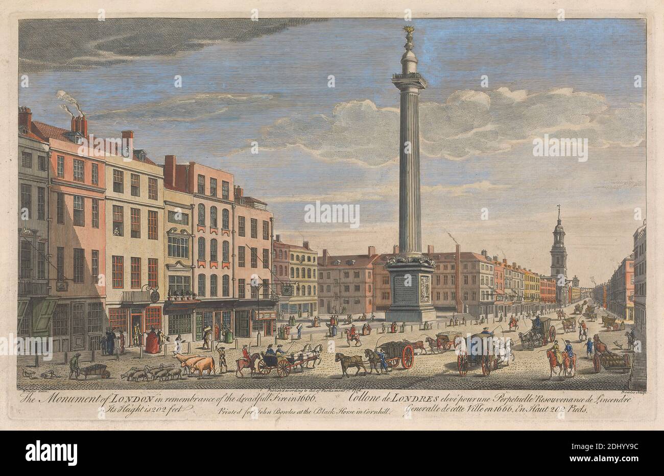 The Monument of London in Remembrance of the Dreadful Fire 1666, Thomas Bowles, ca. 1712–gestorben 1753, Brite, nach Thomas Bowles, ca. 1712–gestorben 1753, Brite, 1752, handkolorierter Stich Stockfoto