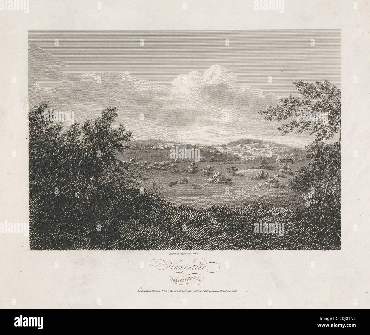 Hampstead, John Greig, tätig 1800–1853, britisch, nach John Greig, tätig 1800–1853, britisch, 1805, Engraving Stockfoto