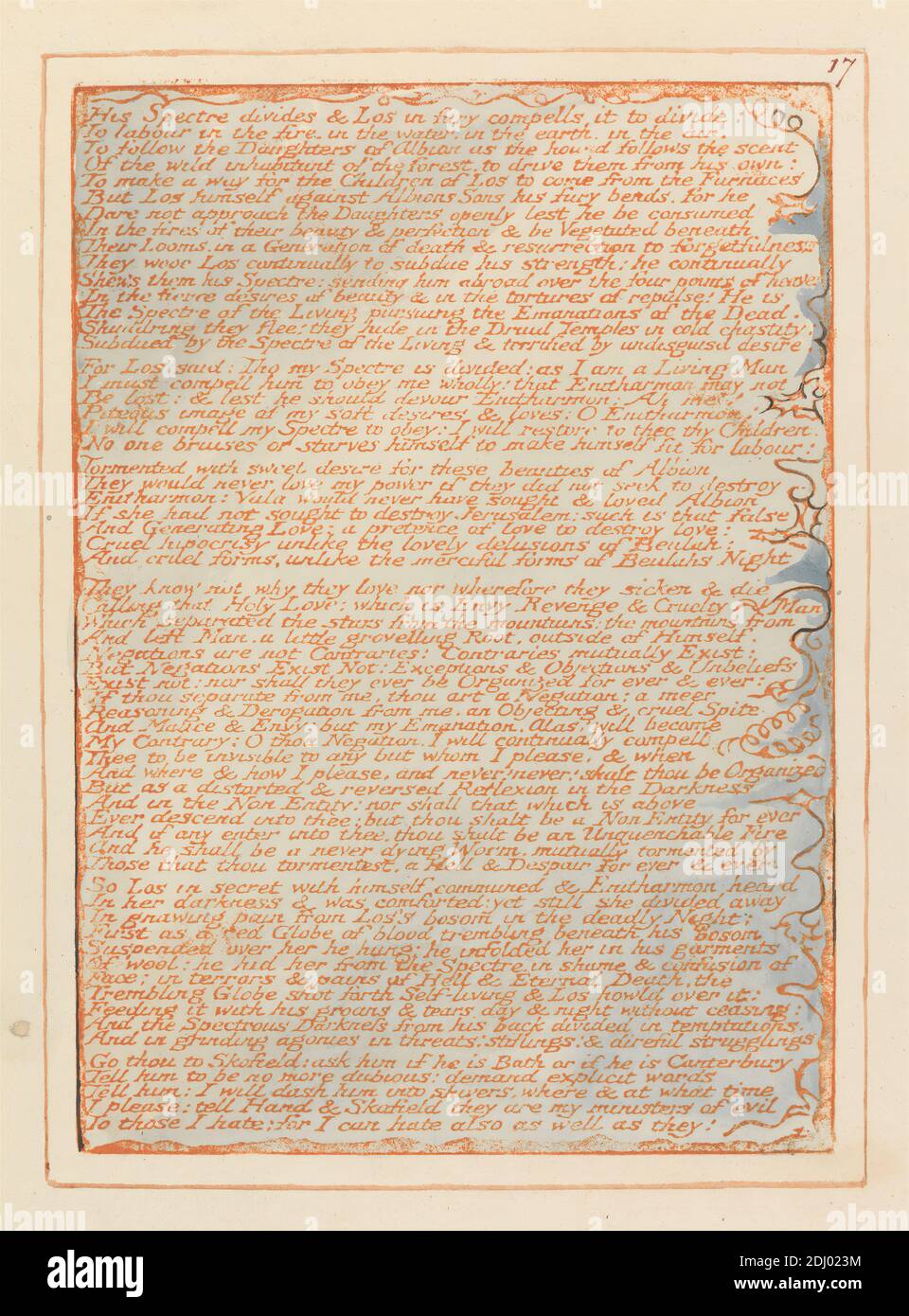 Jerusalem, Tafel 17, 'His Spectre Divides....', Druck von William Blake, 1757–1827, britisch, 1804 bis 1820, Relief-Radierung in Orange mit Feder und schwarzer Tinte und Aquarell auf mäßig dickem, glattem, cremefarbenen Papier gedruckt, Blatt: 13 1/2 x 10 3/8 cm (26.4 x 34.3 Zoll) und Platte: 8 3/8 x 5 7/8 Zoll (21.3 x 15 cm), Blatt, literarisches Thema, religiöses und mythologisches Thema, Text, Vegetation Stockfoto