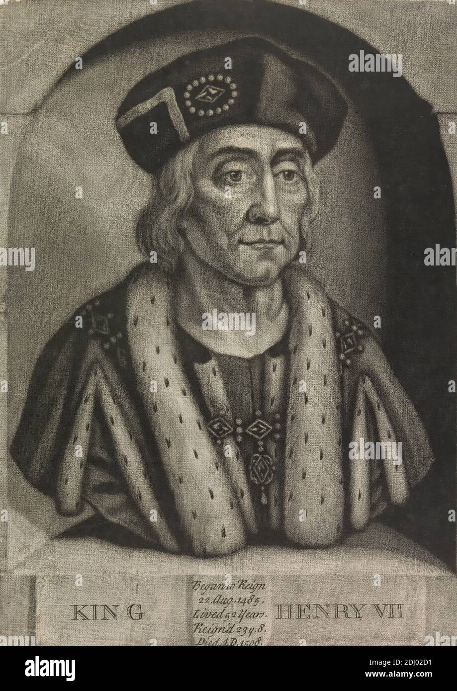 König Heinrich VII., John Faber der Jüngere, ca. 1695–1756, niederländisch, in Großbritannien aktiv, nach unbekannter Künstler, 1731, Mezzotint auf Medium, mäßig strukturiert, cremefarbenes Papier, Blatt: 6 7/8 x 4 15/16 Zoll (17.4 x 12.5 cm), Büste, Mütze, Mantel, Kostüm, Mine, Fell, Juwelen, König (Person), Lackkragen, Mann, Nische, Porträt, Robe, Königshaus, Skulptur, Statue Stockfoto