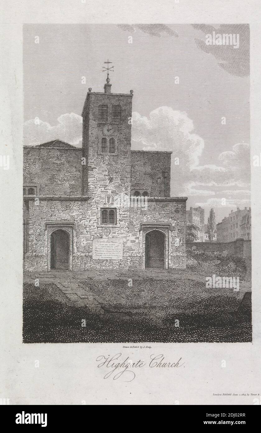 Highgate Church, John Greig, tätig 1800–1853, britisch, nach John Greig, tätig 1800–1853, britisch, 1805, Radierung Stockfoto