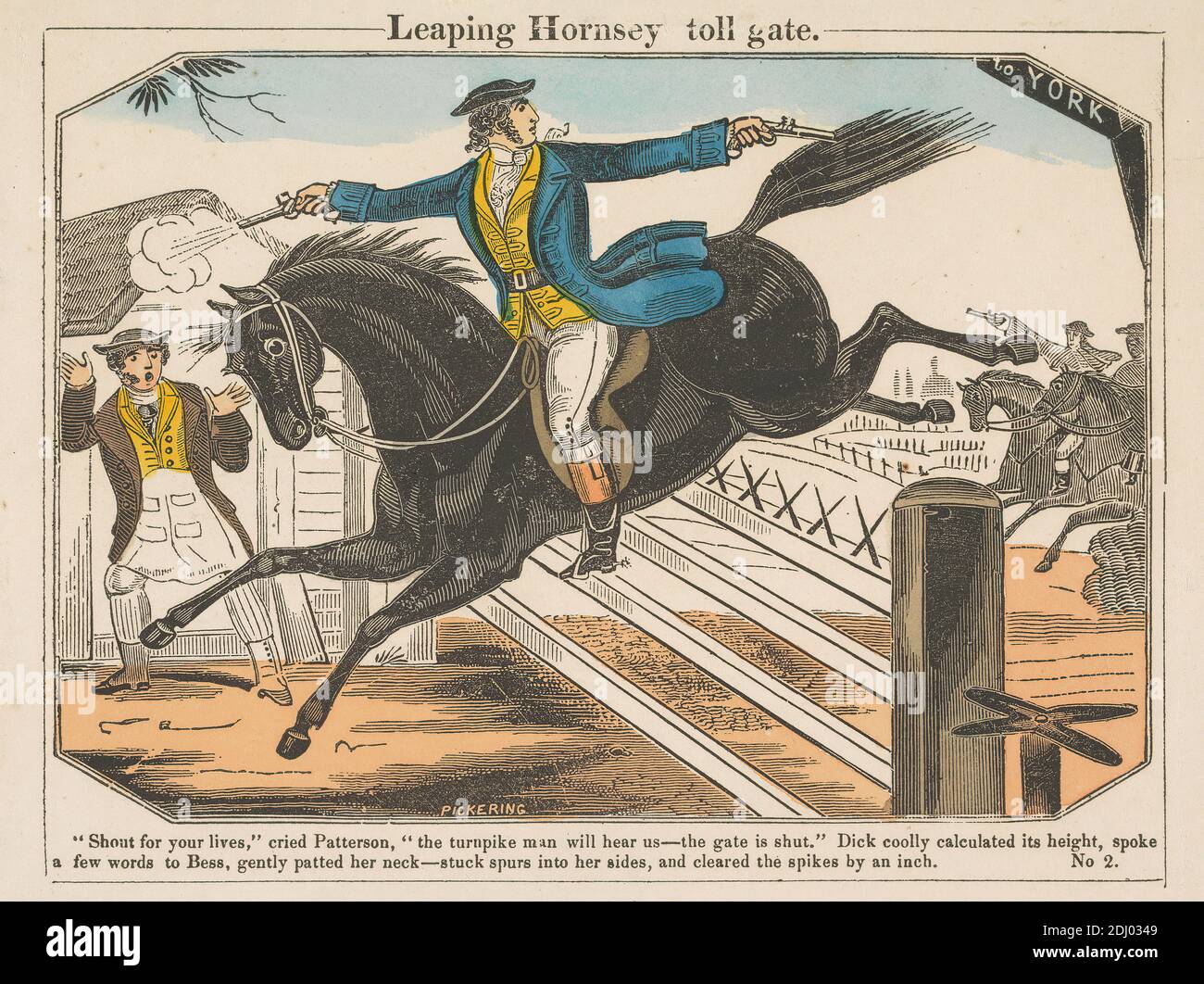 Leaping Hornsey Tollgate, George Pickering, c.1794–1857, britischer, unbekannter Künstler, undatiert, handkolorierter Holzschnitt Stockfoto