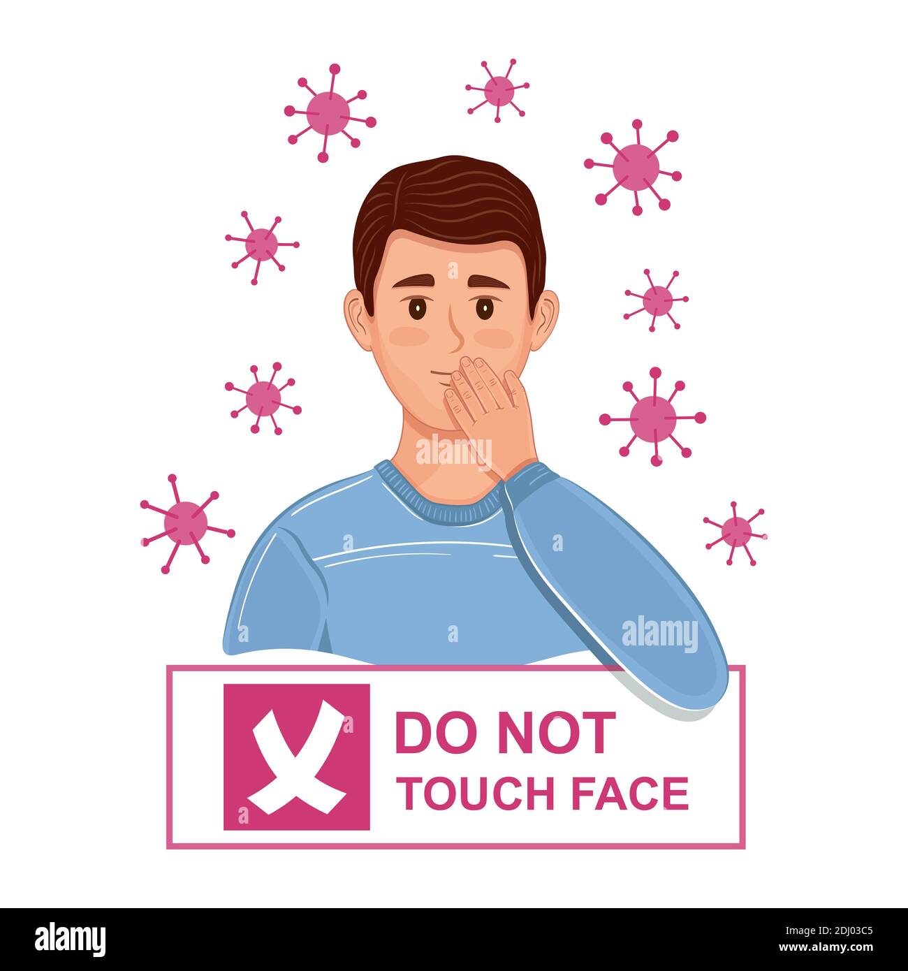 Berühren Sie nicht Ihr Gesichtsschild. Berühren Sie den Kontakt der Hand mit Kopf, Mund, Augen und Nase nicht. Hauthygiene. Prävention von Corona-Virus-Infektionen. Vektor Stock Vektor