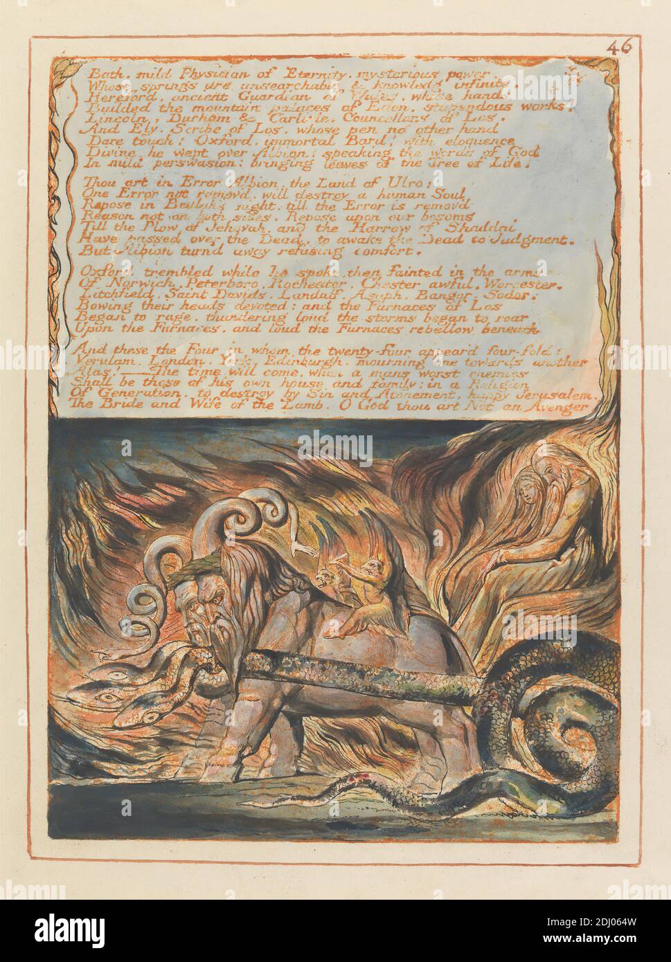 Jerusalem, Tafel 46, 'Bath, mild Physician...', Druck von William Blake, 1757–1827, britisch, 1804 bis 1820, Relief-Radierung in Orange mit Feder und schwarzer Tinte und Aquarell auf mäßig dickem, glattem, cremefarbenen Papier gedruckt, Blatt: 13 1/2 x 10 3/8 cm (26.4 x 34.3 Zoll) und Platte: 8 7/8 x 6 3/8 Zoll (22.5 x 16.2 cm), Wagen, Feuer, Flammen, Löwen, literarisches Thema, Männer, mythologische Figuren, Ochsen, religiöses und mythologisches Thema, Reiten, Schlange, Schlange, Text, Flügel Stockfoto