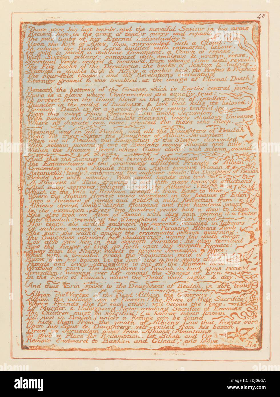 Jerusalem, Tafel 48, 'These were his Last words....', Druck von William Blake, 1757–1827, britisch, 1804 bis 1820, Relief-Radierung in Orange mit Feder und schwarzer Tinte und Aquarell auf mäßig dickem, glattem, cremefarbenen Papier gedruckt, Blatt: 13 1/2 x 10 3/8 cm (26.4 x 34.3 Zoll) und Platte: 8 7/8 x 6 1/2 Zoll (22.5 x 16.5 cm), Vögel, literarisches Thema, religiöses und mythologisches Thema, Schlange, Schlange, Text, Reben, Flügel Stockfoto