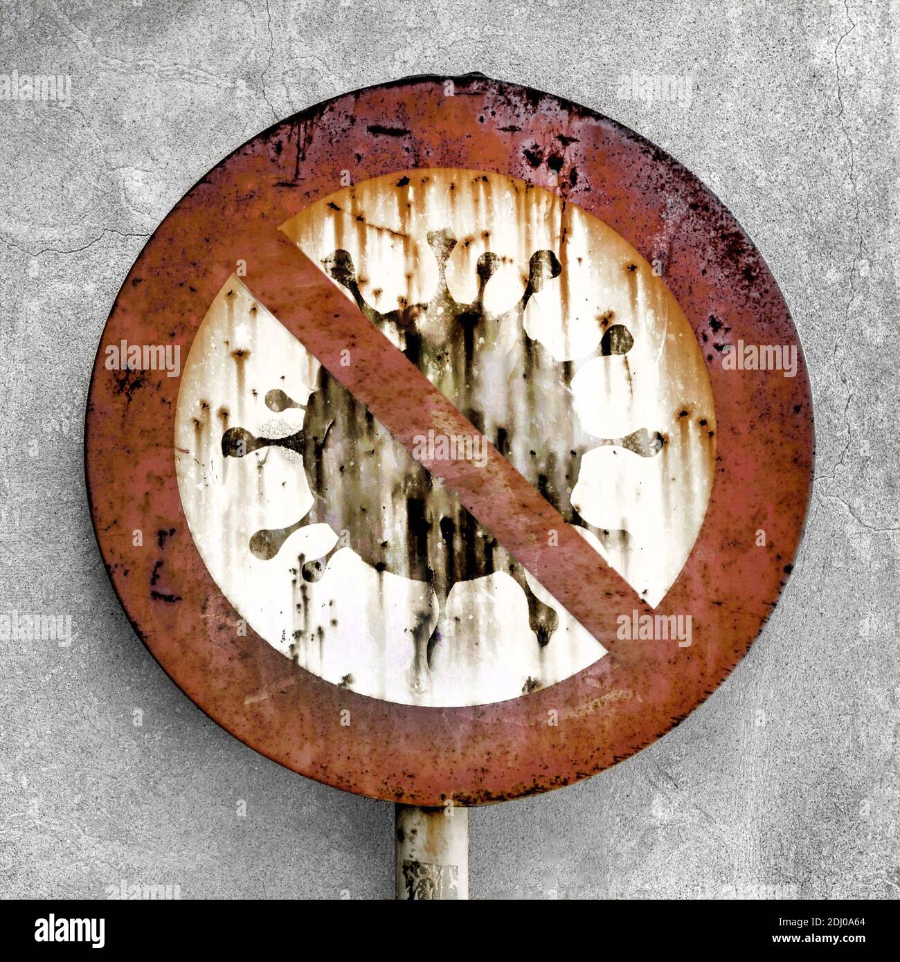 Stoppen Sie Covid-19 Virus Icon in Circle. Zugangsverbot Schild mit Coronavirus Symbol auf grungy Wand Hintergrund. Verkehrszeichen für Anti Coronavirus oder covid-19 h Stockfoto