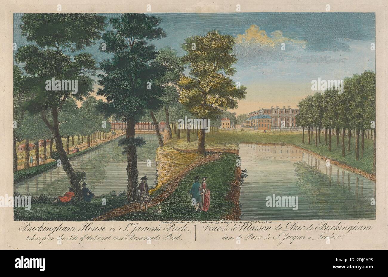 Buckingham House in St. James's Park von der Seite des Kanals in der Nähe von Rosamond's Pond, unbekannter Künstler, achtzehnten Jahrhundert, nach unbekannten Künstler, undatiert, handkolorierte Gravur Stockfoto