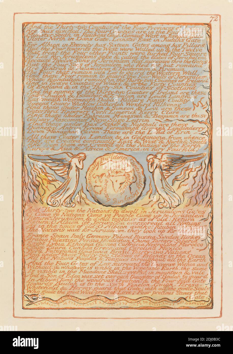 Jerusalem, Tafel 72, 'and the Thirty-Two Counties....', Druck von William Blake, 1757–1827, britisch, 1804 bis 1820, Relief-Radierung in Orange mit Feder und schwarzer Tinte und Aquarell auf mitteldickem, glattem, cremefarbenem Papier gedruckt, Blatt: 13 1/2 x 10 3/8 cm (26.4 x 34.3 Zoll) und Platte: 8 7/8 x 5 7/8 Zoll (22.5 x 15 cm), Engel, Feuer, Flammen, Globus, Kleider, literarisches Thema, Planet, religiöses und mythologisches Thema, Schlange, Rauch, Schlange, Kugel, Sonne, Text, Flügel, Frauen Stockfoto