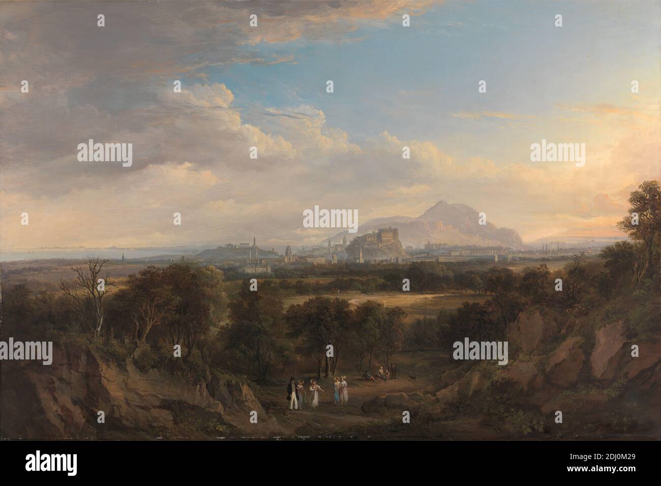 A View of Edinburgh from the West, Alexander Nasmyth, 1758–1840, British, 1822 bis 1826, Öl auf Leinwand, Stütze (PTG): 24 1/4 x 36 1/4 Zoll (61.6 x 92.1 cm), Felsbrocken, Gebäude, Burg, Kathedrale, Stadt, Stadtbild, Kostüm, Hund (Tier), Genre Thema, Hügel, Landschaft, Freizeit, Männer, Berg, Observatorium, Tempel, Turm (Gebäudeteilung), Universität, Wandern, Frauen, Calton Hill, Edinburgh, Schottland, St Giles' Cathedral, Großbritannien, University of Edinburgh Stockfoto