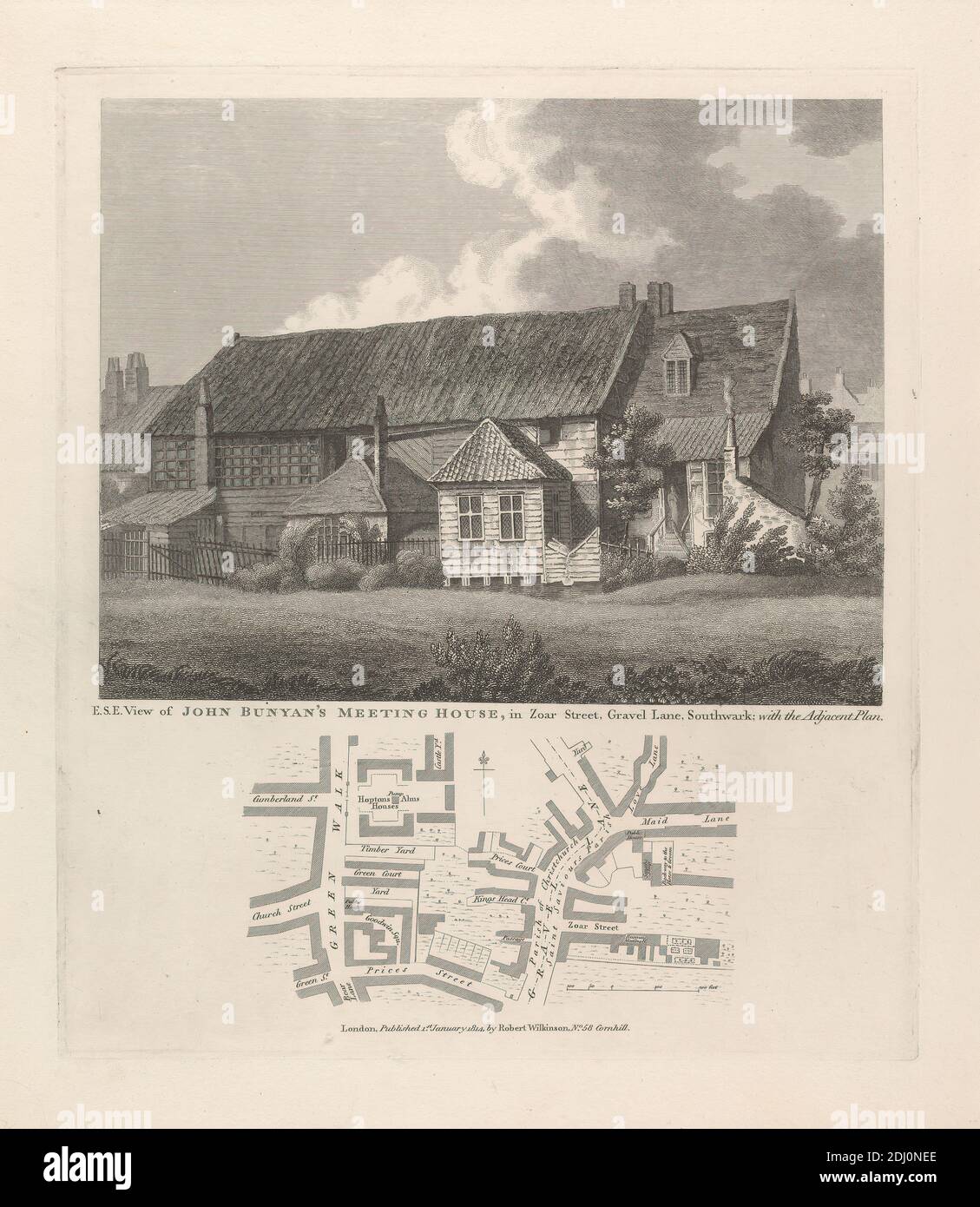 E.S.E. Blick auf John Bunyans Meeting House, unbekannter Künstler, nach unbekannter Künstler, 1814, Gravur Stockfoto