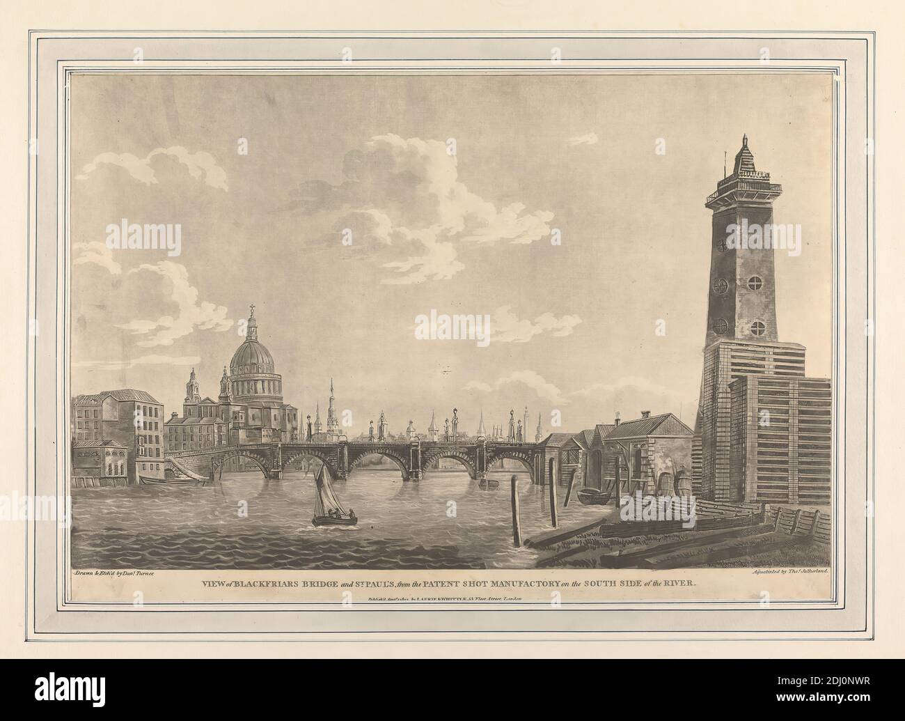 Blick auf die Blackfriars Bridge und St. Paul's von der Patent Shot Manufaktur auf der Südseite des Flusses, Daniel Turner, aktiv 1782–1805, Briten, und Thomas Sutherland, ca. 1785–1838, britisch, nach Daniel Turner, aktiv 1782–1805, britisch, 1802, Aquatint Stockfoto