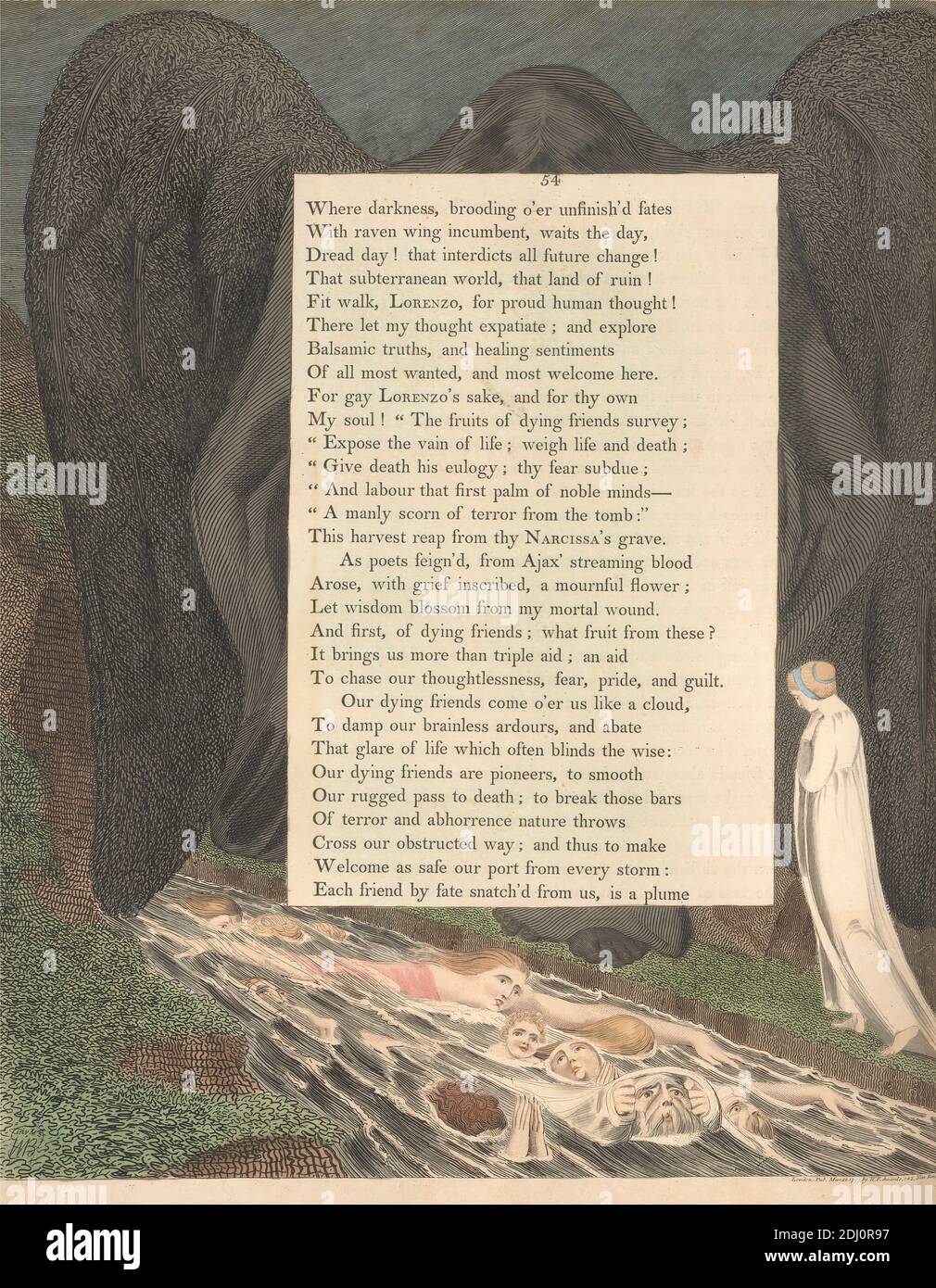 Young's Night Thoughts, Page 54, 'das Tal des Todes! That Hush'd Cimmerian Vale', Druck von William Blake, 1757–1827, British, 1797, Radierung und Strichgravur mit Aquarell auf mäßig dickem, leicht strukturiertem, cremefarbenem Wove-Papier, Spine: 17 1/2 Zoll (44.5 cm), Blatt: 16 3/4 x 12 3/4 Zoll (42.5 x 32.4 cm) und Platte: 15 1/2 x 12 3/4 Zoll (39.4 x 32.4 cm), Kind, Kinder, Federn, Gras, literarisches Thema, Männer, religiöses und mythologisches Thema, Fluss, Flussufer, Wasser, Flügel, Frauen Stockfoto