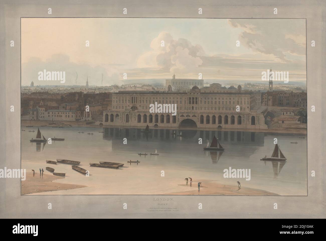 Platte V: London, Somerset House (aus William Daniells sechs Ansichten von London; Themse Side), William Daniell, 1769–1837, britisch, nach William Daniell, 1769–1837, britisch, 1805, Aquatint, handfarbig Stockfoto