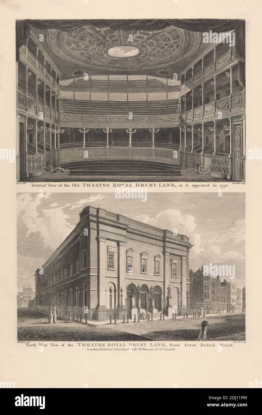 Two Views of the Old Theatre Royal Drury Lane, Bartholomew Howlett, 1767–1827, British, after William Capon, 1757–1827, British, and after C. John M. Whichelo, 1784–1865, British, 1814, Engraving Stockfoto
