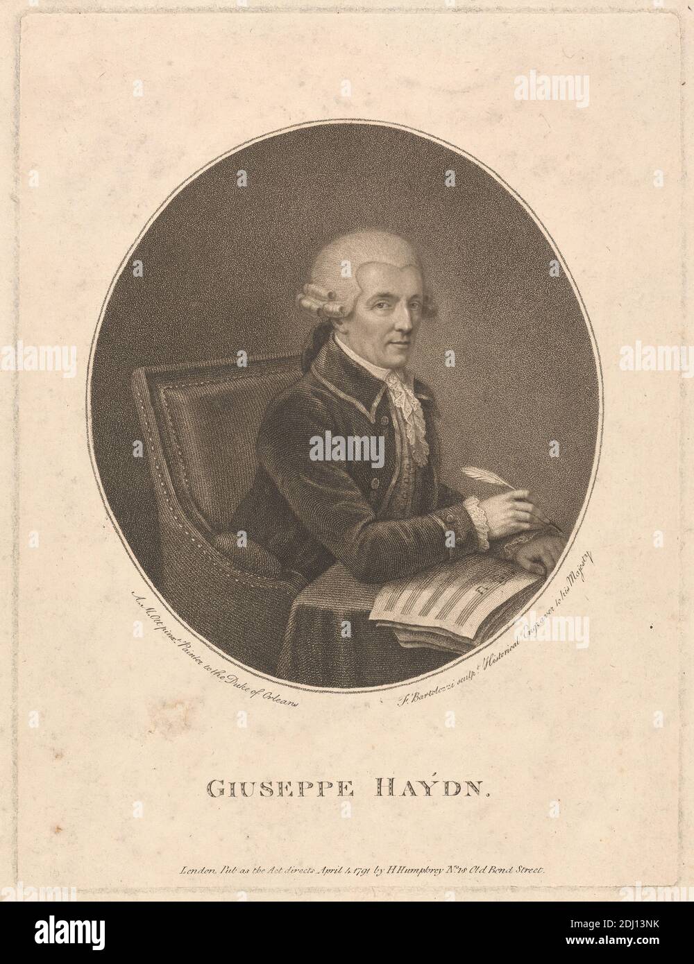 Porträt von Joseph Haydn, Druck von Francesco Bartolozzi RA, 1728–1815, italienisch, in Großbritannien tätig (1764–99), nach A. M. Olt, aktiv 1792, Publiziert von Hannah Humphrey, ca. 1745–1818, britisch, 1791, Stichelgravur und Radierung auf mäßig dickem, mäßig strukturiertem, cremefarbenem Papier, Blatt: 11 9/16 x 8 5/8 Zoll (29.4 x 21.9 cm), Platte: 9 15/16 x 7 7/16 Zoll (25.2 x 18.9 cm), und Bild: 6 7/16 x 5 13/16 Zoll (16.4 x 14.8 cm), Österreicher, Stuhl, Komponist, Kostüm, Mann, Musik, oval, Porträt, Federkiel, Noten, Tisch, Schreiben (Prozesse Stockfoto