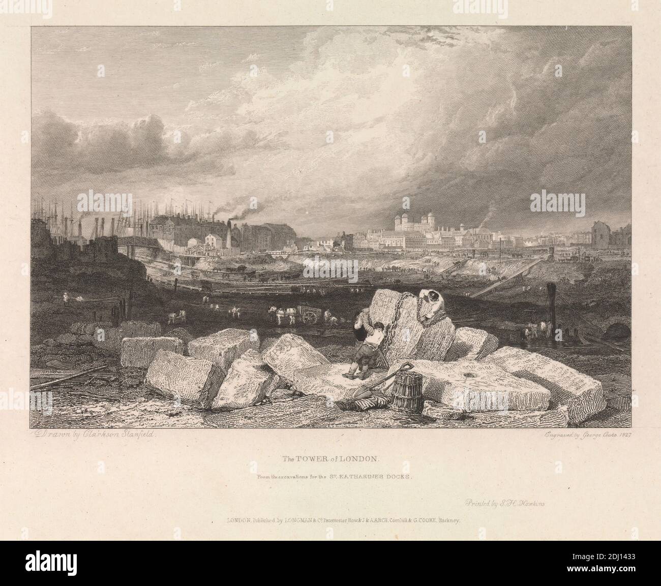 The Tower of London from the Grabungen for St. Katherine's Dock, George Cooke, 1781–1834, British, after Clarkson Stanfield, 1793–1867, British, 1827, Engraving Stockfoto