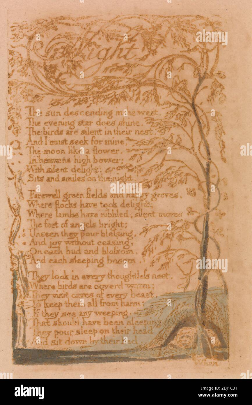Songs of Innocence, Platte 16, 'Night' (Bentley 20), Druck von William Blake, 1757–1827, British, 1789, Relief-Radierung in braun mit Feder und schwarzer Tinte und Aquarell auf mäßig dickem, leicht strukturiertem, cremefarbenem Papier gedruckt, Blatt: 1/2 x 3/8 cm (7 19.1 x 5 13.7 Zoll), Platte: 4 3/8 x 2 5/8 Zoll (11.1 x 6.7 cm), und Platte: 4 1/4 x 2 5/8 Zoll (10.8 x 6.7 cm), Engel, Zweige, Garten, Kleider, Hügel, Blatt, literarische Thema, Sträuchern, Text, Baum, Vegetation, Reben, Flügel, Frauen Stockfoto