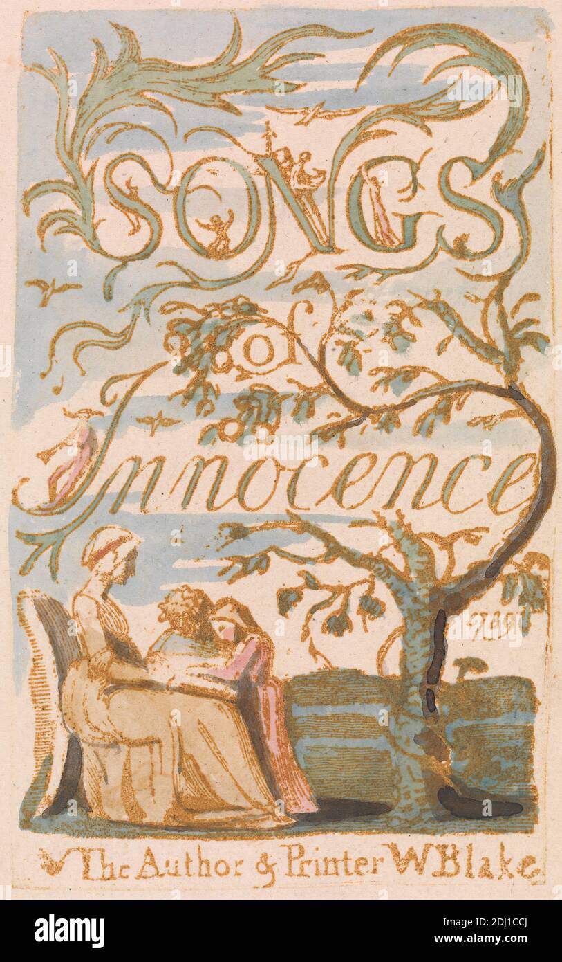 Songs of Innocence, Platte 2, Titelseite (Bentley 3), Druck von William Blake, 1757–1827, British, 1789, Relief-Radierung in Braun mit Aquarell auf mitteldickem, leicht strukturiertem, cremefarbenem Papier gedruckt, Blatt: 1/2 x 3/8 cm (7 19.1 x 5 13.7 Zoll) und Platte: 4 3/4 x 2 7/8 Zoll (12.1 x 7.3 cm), Vogel, Buch, Kinder, Obst, literarisches Thema, Mutter, Lesen, sitzen, Text, Baum, Weinstock, Frauen Stockfoto