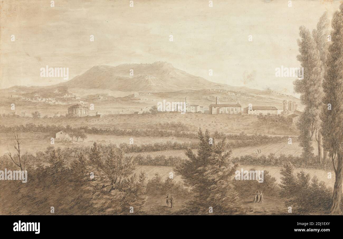 Ansichten in der Levante: Landschaft mit Feldern im Vordergrund, Stadt und Vulkangebirge, unbekannter Künstler, ca. 1750, Feder und braune Tinte mit brauner Wäsche, über Graphit auf Medium, leicht strukturiert, cremefarbenes Papier auf Karte gelegt, Blatt: 14 × 22 1/4 Zoll (35.6 × 56.5 cm), Felder, Landschaft, Berge, Wissenschaft, Stadt, Vulkan, Levante Stockfoto