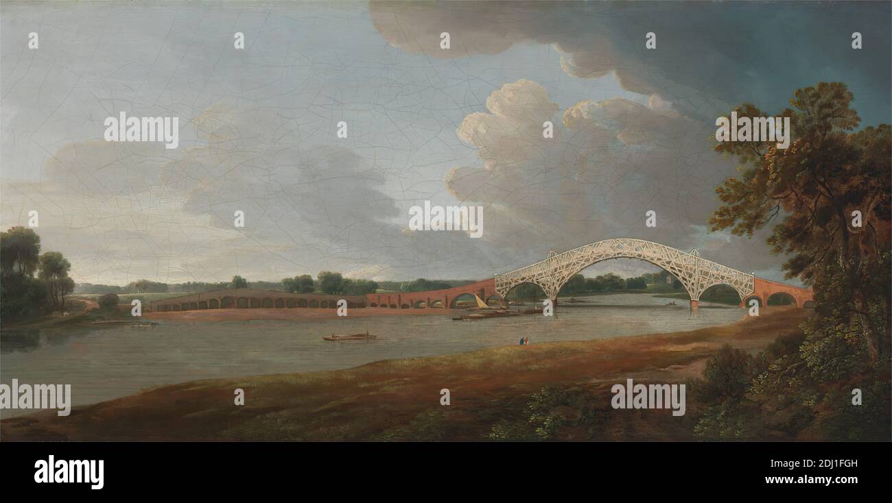 Old Walton Bridge, Francis Towne, 1740–1816, British, 1785, Öl auf Leinwand, Stütze (PTG): 15 11/16 x 30 3/4 Zoll (39.8 x 78.1 cm), Brücke (gebaut), Landschaft, Menschen, Fluss, Ruderboote, Segelboot, England, Surrey, Themse, Vereinigtes Königreich, Walton-on-Thames Stockfoto