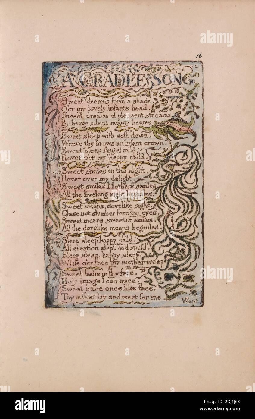 Songs of Innocence and of Experience, Platte 16, 'A Cradle Song' (Bentley 16), Druck von William Blake, 1757–1827, britisch, 1789 bis 1794, Relief-Radierung in Dunkelbraun mit Feder und schwarzer Tinte und Aquarell auf mäßig dickem, leicht strukturiertem, cremefarbenen Wove-Papier, Blatt: 7 1/8 x 5 Zoll (18.1 x 12.7 cm), Platte: 4 1/2 x 2 7/8 Zoll (11.4 x 7.3 cm), und Wirbelsäule: 7 3/8 Zoll (18.7 cm), Zweige, Blatt, literarisches Thema, Text, Vegetation, Reben Stockfoto