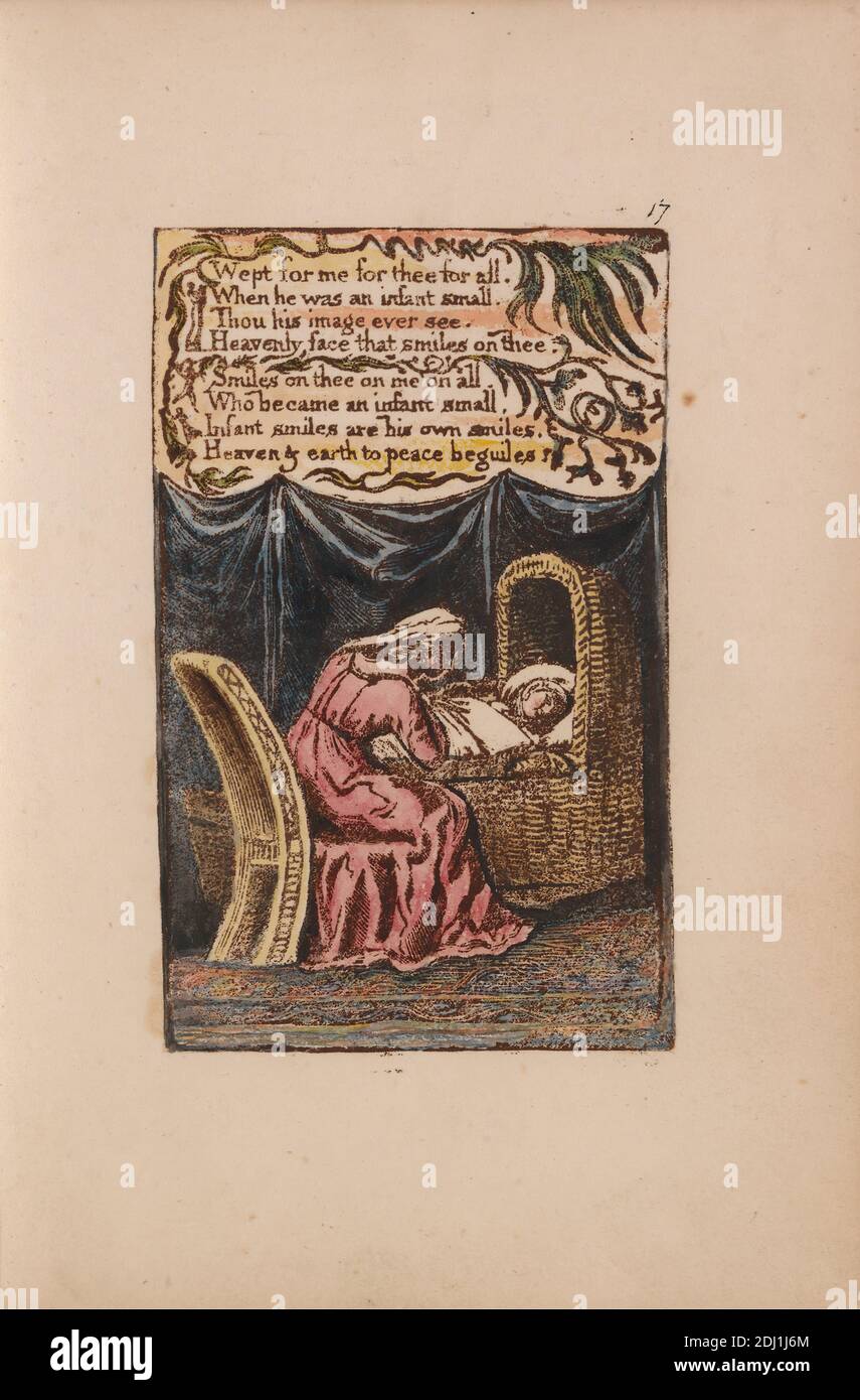 Songs of Innocence and of Experience, Platte 17, 'A Cradle Song' (Bentley 17), Druck von William Blake, 1757–1827, britisch, 1789 bis 1794, Relief-Radierung in Dunkelbraun mit Feder und schwarzer Tinte und Aquarell auf mäßig dickem, leicht strukturiertem, cremefarbenen Wove-Papier, Blatt: 7 1/8 x 5 Zoll (18.1 x 12.7 cm), Teller: 4 1/2 x 2 3/4 Zoll (11.4 x 7 cm), und Wirbelsäule: 7 3/8 Zoll (18.7 cm), Baby, Zweige, Stuhl, Kinder, Wiege, Krippe, Vorhänge, Säugling, Blatt, literarisches Thema, Mutter, schlafen, Text, Reben, Frau Stockfoto