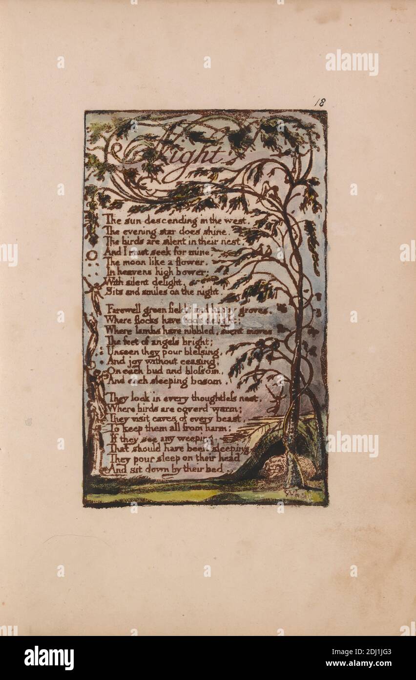 Songs of Innocence and of Experience, Platte 18, 'Night' (Bentley 20), Druck von William Blake, 1757–1827, britisch, 1789 bis 1794, Relief-Radierung in Dunkelbraun mit Feder und schwarzer Tinte und Aquarell auf mäßig dickem, leicht strukturiertem, cremefarbenen Wove-Papier, Blatt: 7 1/8 x 5 Zoll (18.1 x 12.7 cm), Platte: 4 3/8 x 2 3/4 Zoll (11.1 x 7 cm), und Wirbelsäule: 7 3/8 Zoll (18.7 cm), Engel, Zweige, Hügel, Blatt, literarisches Thema, Text, Bäume, Vegetation, Reben, Flügel Stockfoto