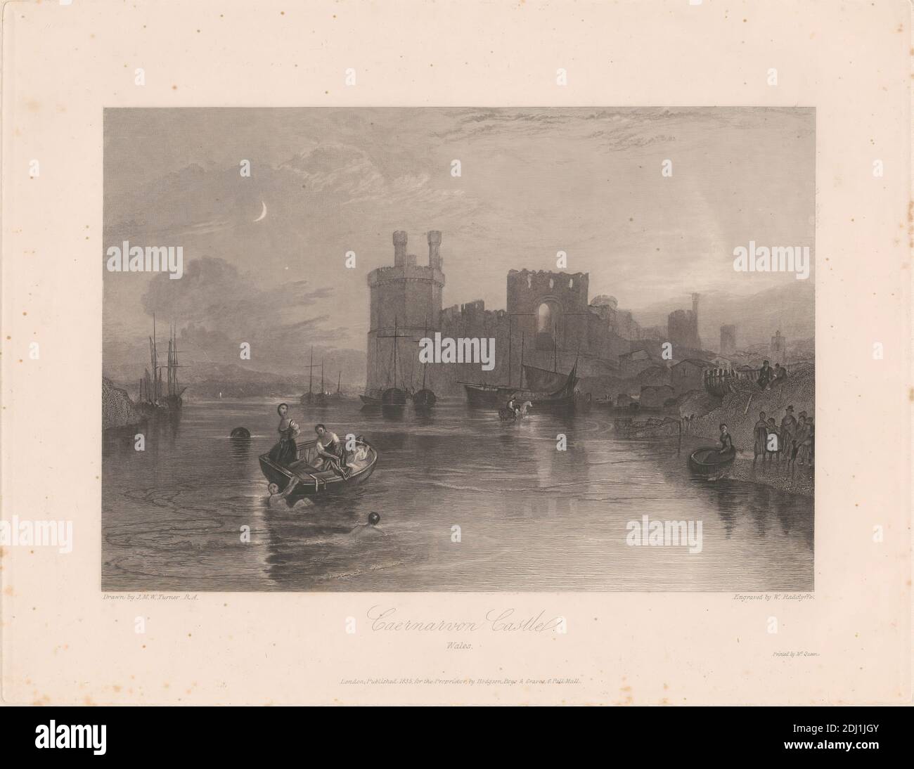 Caernarvon Castle, Wales, William Radclyffe, 1780–1855, britisch, nach Joseph Mallord William Turner, 1775–1851, britisch, 1835, Strichgravur und Radierung, 3. Zustand auf Medium, glatt, creme, webpapier, Blatt: 10 11/16 × 14 5/8 cm (37.1 × 27.1 Zoll), Platte: 9 7/16 × 12 1/8 Zoll (24 × 30.8 cm) und Bild: 6 1/2 × 9 1/2 Zoll (16.5 × 24.1 cm Stockfoto