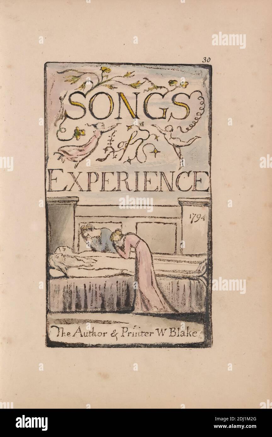 Songs of Innocence and of Experience, Platte 30, Experience Title Page (Bentley 29), Druck von William Blake, 1757–1827, britisch, 1789 bis 1794, Relief-Radierung in dunkelbraun mit Feder und schwarzer Tinte und Aquarell auf mäßig dickem, leicht strukturiertem, cremefarbenen Wove-Papier, Blatt: 7 1/8 x 5 Zoll (18.1 x 12.7 cm), Teller: 4 7/8 x 2 7/8 Zoll (12.4 x 7.3 cm), und Wirbelsäule: 7 3/8 Zoll (18.7 cm), Bart, Bett, Schrei, Tod, literarisches Thema, Mann, Trauer, Text, Frau Stockfoto