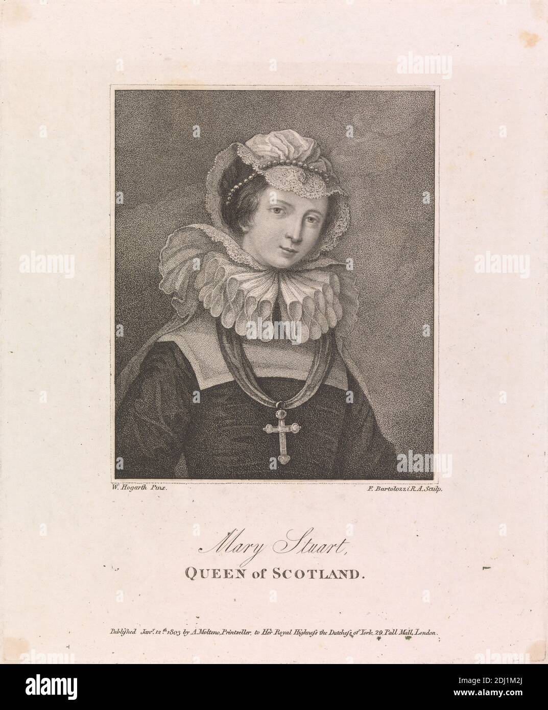 Mary Stuart, Queen of Scotland, Francesco Bartolozzi RA, 1728–1815, italienisch, in Großbritannien tätig (1764–99), nach William Hogarth, 1697–1764, British, 1803, Engraving Stockfoto