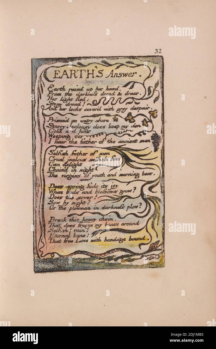 Songs of Innocence and of Experience, Platte 32, 'Earth's Answer' (Bentley 31), Druck von William Blake, 1757–1827, britisch, 1789 bis 1794, Relief-Radierung in Dunkelbraun mit Feder und schwarzer Tinte und Aquarell auf mäßig dickem, leicht strukturiertem, cremefarbenen Wove-Papier, Blatt: 7 1/8 x 5 Zoll (18.1 x 12.7 cm), Platte: 4 5/8 x 2 7/8 Zoll (11.7 x 7.3 cm), und Wirbelsäule: 7 3/8 Zoll (18.7 cm), Zweige, Obst, Blatt, literarisches Thema, Schlange, Schlange, Text, Vegetation, Reben Stockfoto