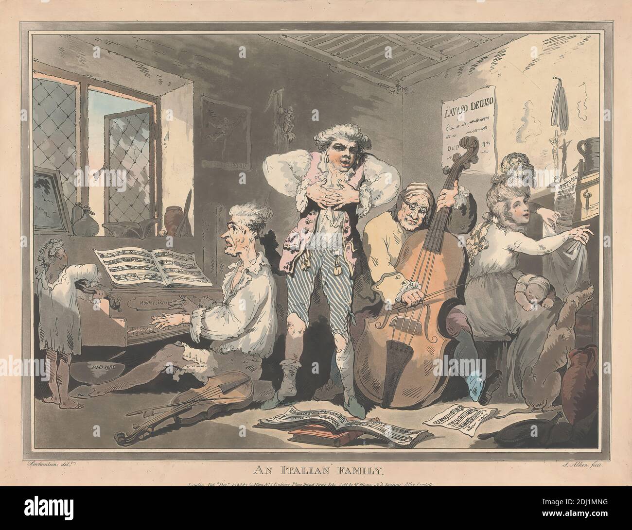 An Italian Family, Samuel Alken, 1756–1815, britisch, nach Thomas Rowlandson, 1756–1827, britisch, 1785, Radierung mit Aquatinta, Blatt: 16 1/4 x 21 (41.3 x 55,2 cm), Hochformat Stockfoto