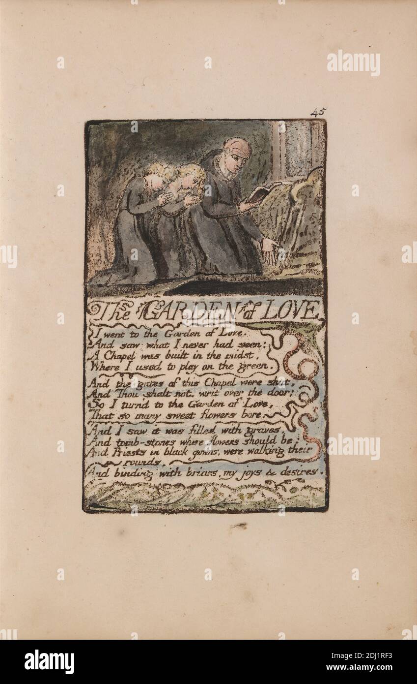 Songs of Innocence and of Experience, Platte 45, 'The Garden of Love' (Bentley 44), Druck von William Blake, 1757–1827, britisch, 1789 bis 1794, Relief-Radierung in Dunkelbraun mit Feder und schwarzer Tinte und Aquarell auf mäßig dickem, leicht strukturiertem, cremefarbenen Wove-Papier, Blatt: 7 1/8 x 5 Zoll (18.1 x 12.7 cm), Platte: 4 3/8 x 2 3/4 Zoll (11.1 x 7 cm), und Wirbelsäule: 7 3/8 Zoll (18.7 cm), Buch, Kinder, Mädchen, Grab, kniend, literarisches Thema, Mutter, Schlange, Schlange, Text, Grabstein, Vegetation, Reben, Frau, Frauen Stockfoto