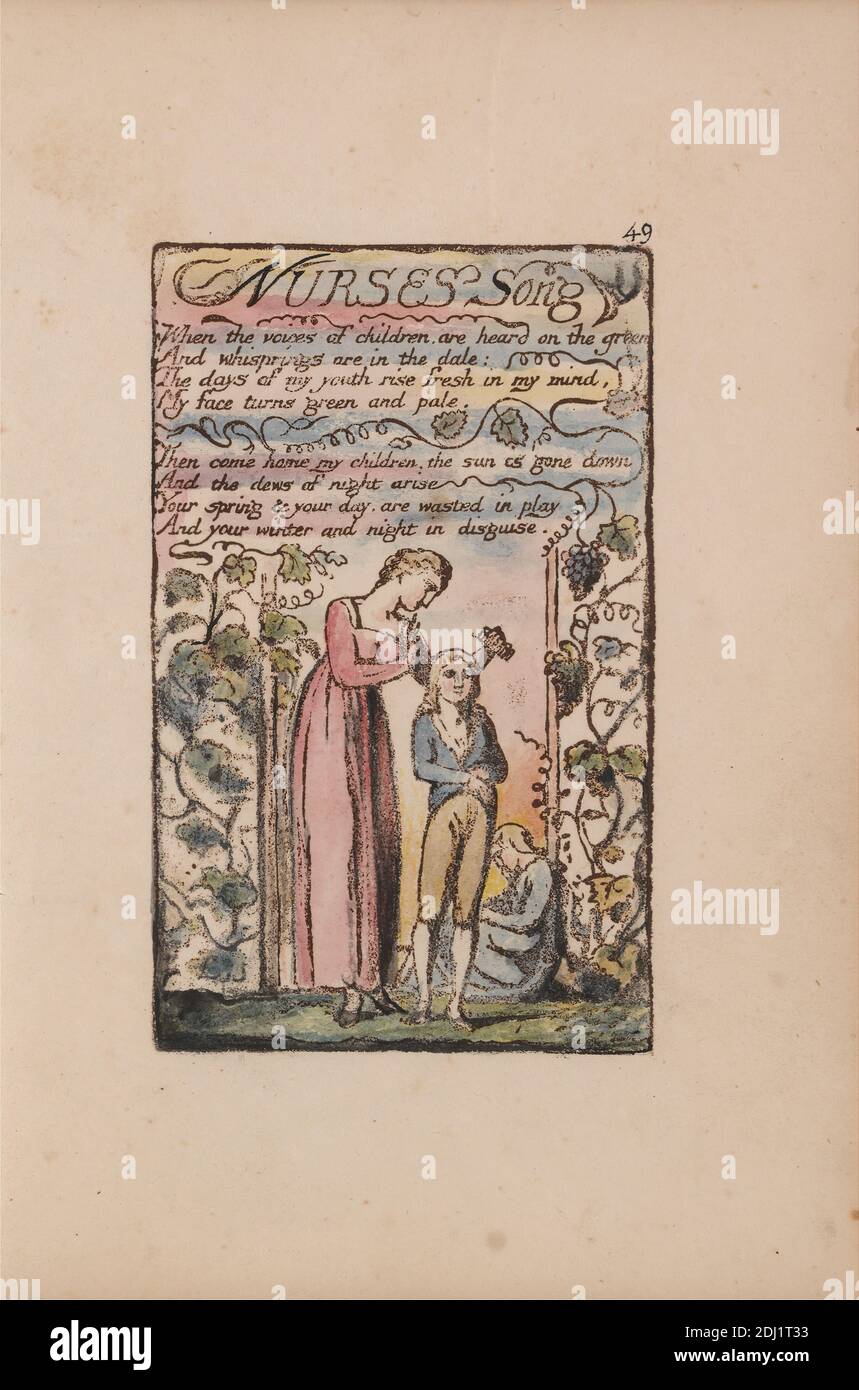 Songs of Innocence and of Experience, Platte 49, 'Nurses Song' (Bentley 38), Druck von William Blake, 1757–1827, britisch, 1789 bis 1794, Relief-Radierung in dunkelbraun mit Feder und schwarzer Tinte und Aquarell auf mäßig dickem, leicht strukturiertem, cremefarbenen Wove-Papier, Blatt: 7 1/8 x 5 Zoll (18.1 x 12.7 cm), Teller: 4 3/8 x 2 3/4 Zoll (11.1 x 7 cm), und Wirbelsäule: 7 3/8 Zoll (18.7 cm), Kind, Kamm, Obst, Trauben, literarisches Thema, Männer, Mutter, Text, Vegetation, Reben, Weinberg, Frau Stockfoto