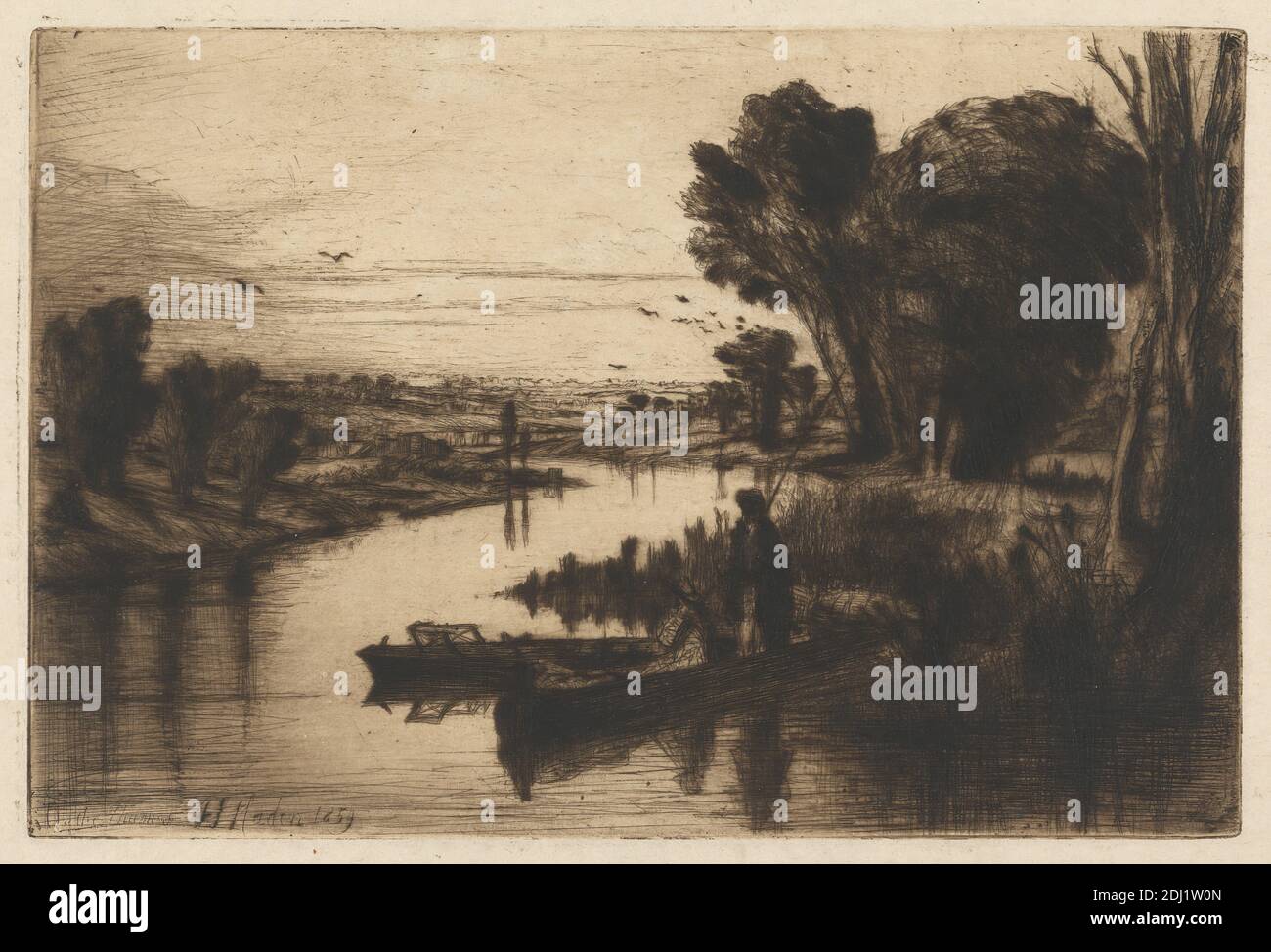 Auf der Themse, Francis Seymour Haden, 1818–1910, British, 1859, Ätzung und Trockenpunkt, mit Tellerton auf mäßig dickem, glattem, cremefarbenem Papier mit beigem Chine-Collé, Blatt: 12 1/16 x 17 5/16 Zoll (30.7 x 44 cm), Platte: 5 11/16 x 8 1/2 Zoll (14.4 x 21.6 cm), und Bild: 5 11/16 x 8 1/2 Zoll (14.4 x 21.6 cm), Banken, Vögel, Boote, Entfernung, Fischer, Angeln, Angelrute, Genre Thema, Landschaft, Schilf, Reflexionen, Fluss, Schatten, Sportkunst, Bäume, Wasser, England, Europa, Themse, Vereinigtes Königreich Stockfoto