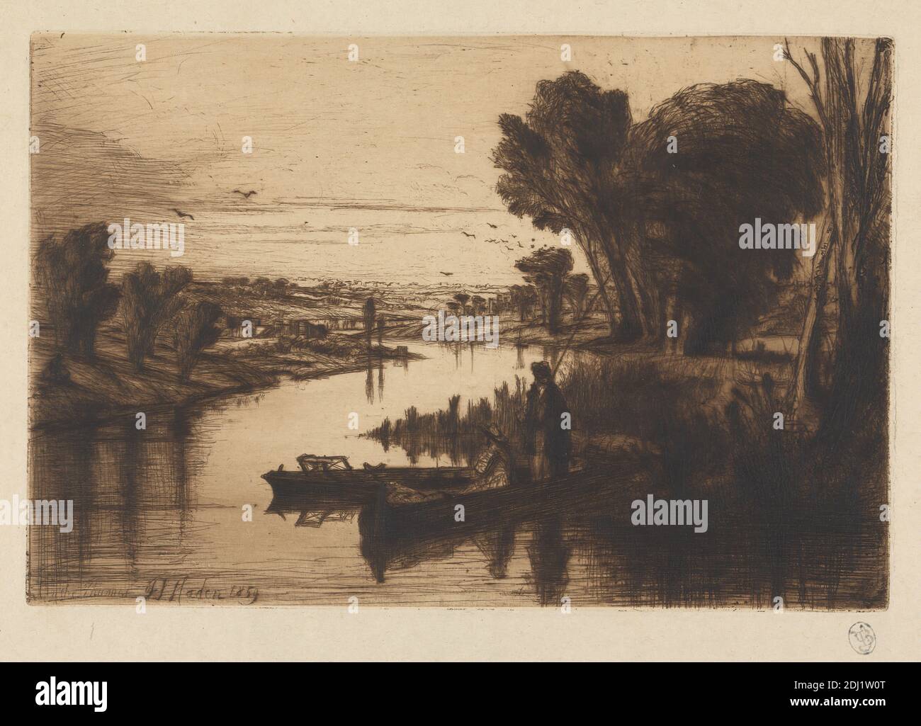 Auf der Themse, Francis Seymour Haden, 1818–1910, British, 1859, Ätzung und Trockenpunkt, mit Tellerton auf dickem, glattem, cremefarbenem Papier mit beigem Chine-Collé, Blatt: 11 1/4 x 15 1/2 Zoll (28.6 x 39.4 cm), Teller: 5 11/16 x 8 1/2 Zoll (14.4 x 21.6 cm) und Bild: 5 11/16 x 8 1/2 Zoll (14.4 x 21.6 cm), Banken, Vögel, Boote, Entfernung, Fischer, Angeln, Angelrute, Genre Thema, Landschaft, Schilf, Reflexionen, Fluss, Schatten, Sportkunst, Bäume, Wasser, England, Europa, Themse, Vereinigtes Königreich Stockfoto