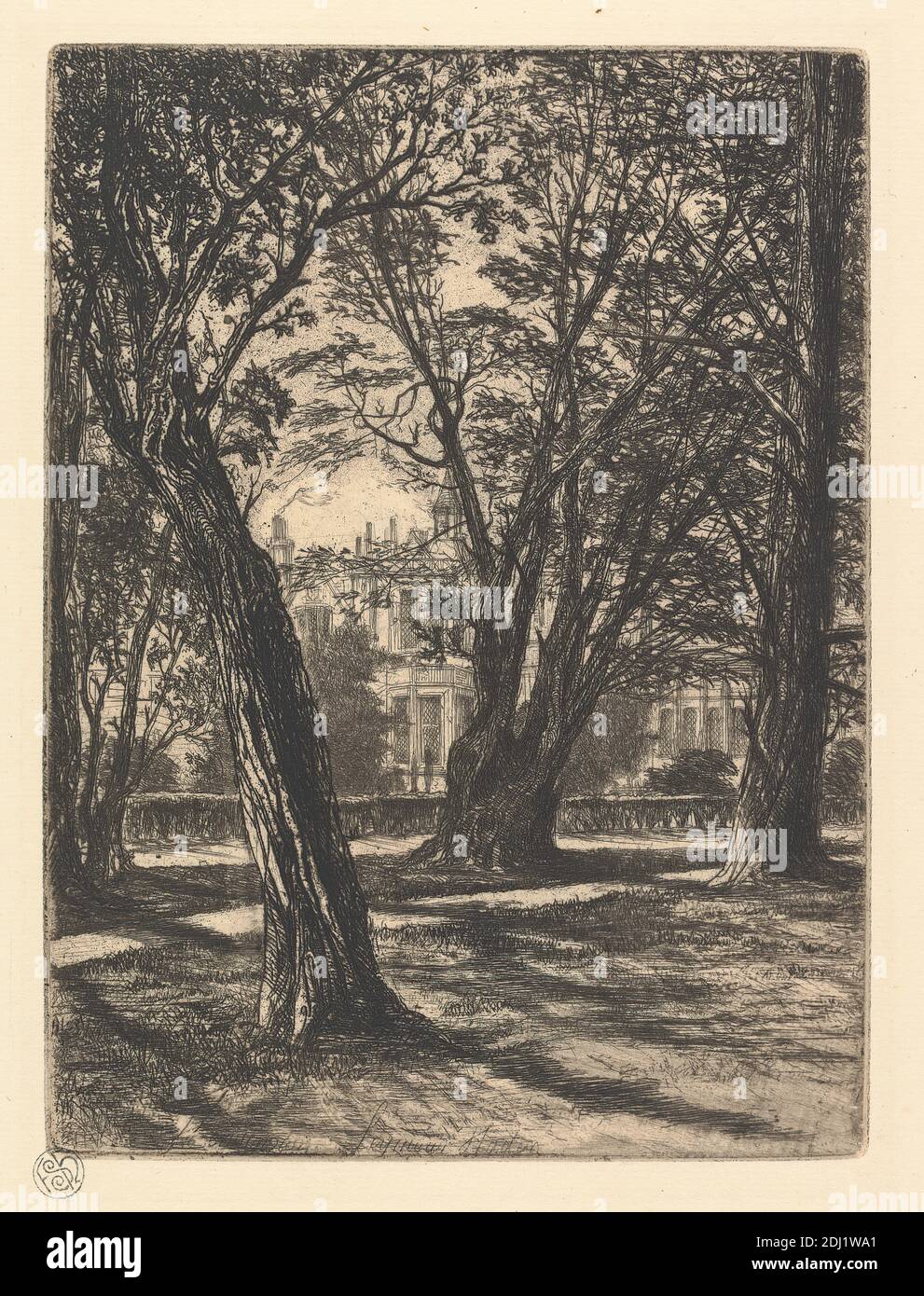 Kensington Gardens, nein 1 (kleiner Teller), Francis Seymour Haden, 1818–1910, British, 1859, Ätzung und Trockenpunkt, mit Tellerton auf Medium, leicht strukturiert, cremefarbenes antik gemachtes Papier, Blatt: 8 1/2 x 6 5/8 Zoll (21.6 x 16.9 cm), Teller: 6 1/4 x 4 5/8 Zoll (15.8 x 11.7 cm), und Bild: 6 1/4 x 4 5/8 Zoll (15.8 x 11.7 cm), Architekturmotiv, Gebäude, Schornsteine, Stadtbild, Garten, Gras, Hecke, Haus, Landschaft, Rasen, Palast, Pfad, Schatten, Bäume, Turm, Fenster, England, Europa, Hyde Park, Kensington, Kensington Gardens, London, Großbritannien Stockfoto