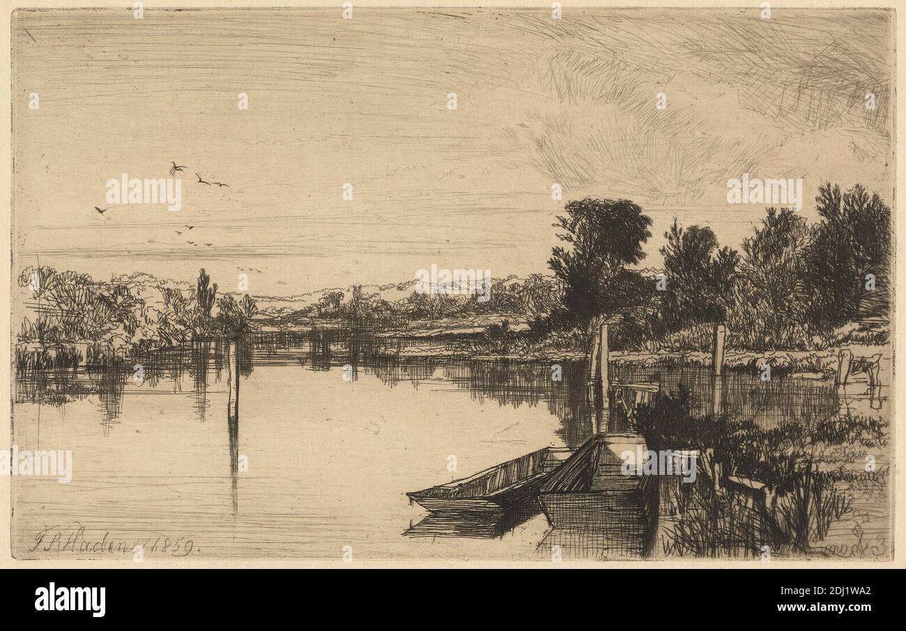 Egham, Francis Seymour Haden, 1818–1910, British, 1859, Ätzung und Trockenpunkt, mit Tellerton auf mäßig dickem, leicht strukturiertem, cremefarbenem Papier, Blatt: 9 1/4 x 14 1/8 Zoll (23.5 x 35.8 cm), Platte: 4 15/16 x 7 15/16 Zoll (12.6 x 20.2 cm), und Bild: 4 15/16 x 7 15/16 Zoll (12.6 x 20.2 cm), Banken, Vögel, Boote, Schlauchboote, Anlegesteg (Gebäudeteilung), Landschaft, Liegeplatz, Pfosten, Schilf, Reflexionen, Fluss, Himmel, Bäume, Wasser, Egham, England, Europa, Surrey, Themse, Vereinigtes Königreich Stockfoto