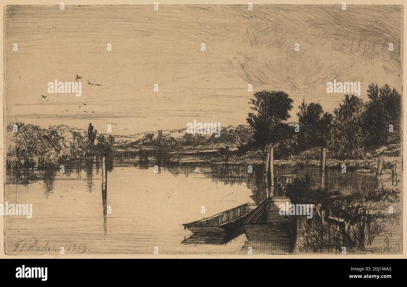 Egham, Francis Seymour Haden, 1818–1910, British, 1859, Ätzung und Trockenpunkt, mit Tellerton auf Medium, leicht strukturiert, cremefarbenes Papier, Blatt: 7 3/8 x 10 Zoll (18.7 x 25.4 cm), Teller: 5 1/16 x 7 15/16 Zoll (12.8 x 20.2 cm), und Bild: 5 1/16 x 7 15/16 Zoll (12.8 x 20.2 cm), Banken, Vögel, Boote, Schlauchboote, Anlegesteg (Gebäudeteilung), Landschaft, Liegeplatz, Pfosten, Schilf, Reflexionen, Fluss, Himmel, Bäume, Wasser, Egham, England, Europa, Surrey, Themse, Vereinigtes Königreich Stockfoto