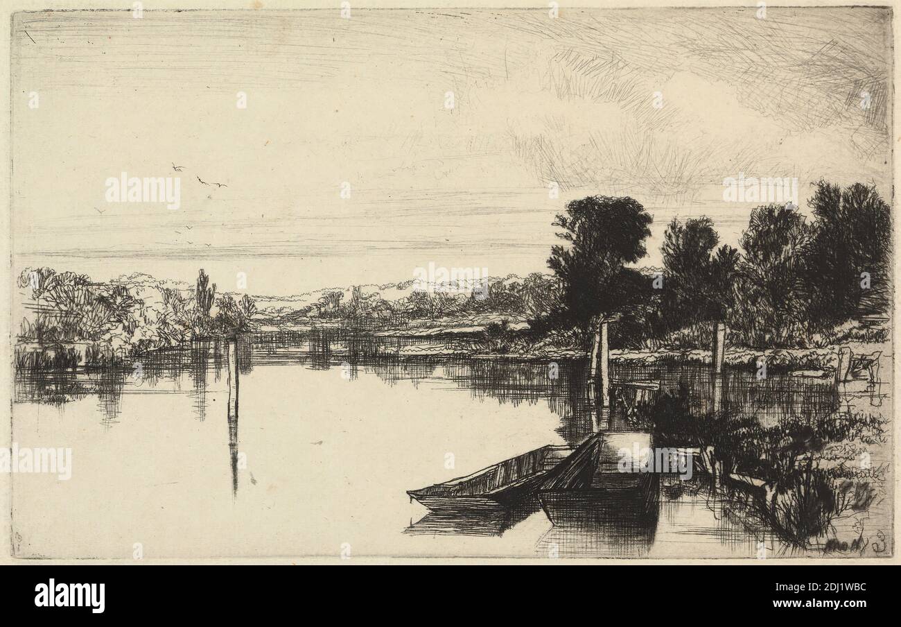 Egham, Francis Seymour Haden, 1818–1910, British, 1859, Ätzung und Trockenpunkt auf mittlerem, mäßig strukturiertem, cremefarbenem Papier, Blatt: 5/8 x 23.8 cm (6 3/8 x 9 16.9 Zoll), Platte: 7/8 x 15/16 cm (4 12.4 x 7 20.1 Zoll) und Bild: 4 7/8 x 7 15/16 Zoll (12.4 x 20.1 cm), Banken, Vögel, Boote, Schlauchboote, Anlegesteg (Gebäudeteilung), Landschaft, Liegeplatz, Pfosten, Schilf, Reflexionen, Fluss, Himmel, Bäume, Wasser, Egham, England, Europa, Surrey, Themse, Vereinigtes Königreich Stockfoto