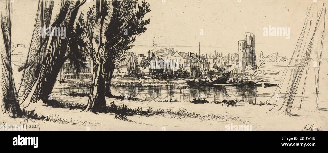 Fulham, Francis Seymour Haden, 1818–1910, britisch, nach 1858, Ätzung und Trockenpunkt auf mittlerem, leicht strukturiertem, cremefarbenem Papier, Blatt: 1/2 x 29.4 cm (5 11 9/16 x 14 Zoll), Platte: 5/16 x 10 7/8 cm (4 11 x 27.6 Zoll) und Bild: 4 5/16 x 10 7/8 Zoll (11 x 27.6 cm), Architekturmotiv, Banken, Boote, Brücke (gebaut), Kirche, Stadtbild, Häuser, Landschaft, Reflexionen, Fluss, Segel, Rauch, Turm (Gebäudeteilung), Bäume, England, Europa, Fulham, Greater London, Themse, Großbritannien Stockfoto