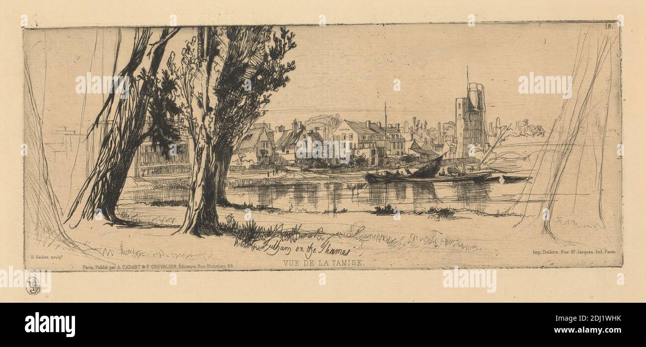 Fulham on the Thames, Francis Seymour Haden, 1818–1910, britisch, nach 1858, Ätzung und Trockenpunkt, mit Tellerton auf mäßig dickem, mäßig strukturiertem, cremefarbenem Papier, Blatt: 11 3/4 x 16 7/8 Zoll (29.9 x 42.8 cm), Platte: 4 7/16 x 10 7/8 Zoll (11.2 x 27.7 cm), und Bild: 4 7/16 x 10 7/8 Zoll (11.2 x 27.7 cm), Architekturmotiv, Banken, Boote, Brücke (gebaut), Kirche, Stadtbild, Häuser, Landschaft, Reflexionen, Fluss, Segel, Rauch, Turm (Gebäudeteilung), Bäume, England, Europa, Fulham, Greater London, Themse, Großbritannien Stockfoto