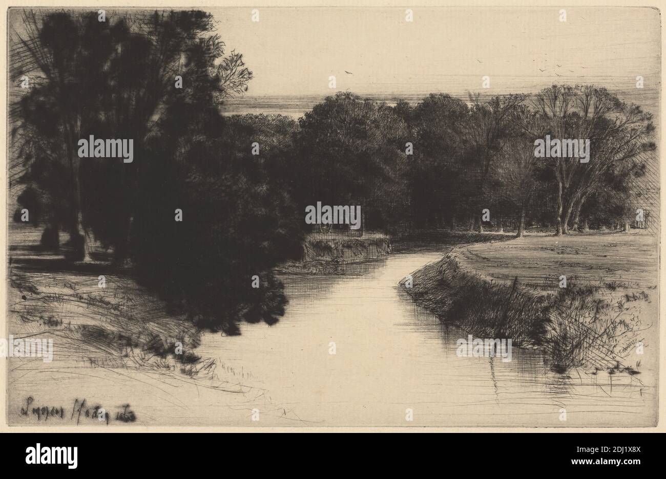 Sunset in Ireland, Francis Seymour Haden, 1818–1910, British, 1863, Ätzung und Trockenpunkt, mit Tellenton auf mäßig dickem, mäßig strukturiertem, cremefarbenen antiken Papier, Blatt: 8 3/4 x 13 1/16 Zoll (22.2 x 33.2 cm), Platte: 5 1/2 x 8 7/16 Zoll (13.9 x 21.5 cm), und Bild: 5 1/2 x 8 7/16 Zoll (13.9 x 21.5 cm), Ufer, Vögel, Landhaus, Laub, Gras, Landschaft, Park (Gelände), Schilf, Fluss, Sonnenuntergang, Bäume, Europa, Irland, Tipperary Stockfoto