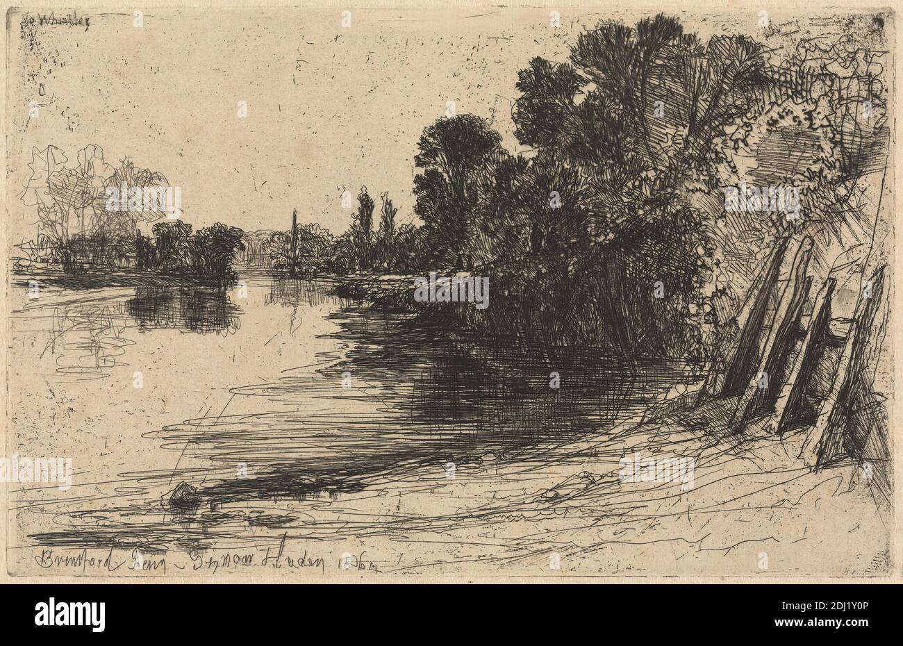 Brentford Ferry, Francis Seymour Haden, 1818–1910, British, 1864, Ätzung und Trockenpunkt, mit Tellerton auf mäßig dickem, mäßig strukturiertem, cremefarbenem Papier, Blatt: 7 x 9 13/16 Zoll (17.8 x 25 cm), Platte: 5 1/2 x 8 9/16 Zoll (13.9 x 21.7 cm), und Bild: 5 1/2 x 8 9/16 Zoll (13.9 x 21.7 cm), Banken, Abstand, Figuren, Laub, Landschaft, Menschen, Pfosten, Requisiten, Reflexionen, Fluss, Ufer (Landform), Streben, Bäume, Wasser, Brentford, England, Europa, Groß-London, Themse, Vereinigtes Königreich Stockfoto