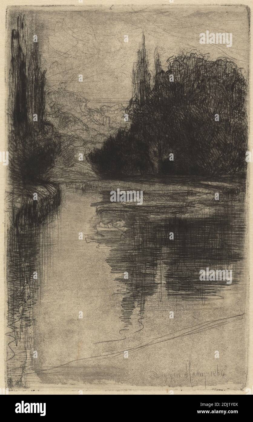 Evening, Francis Seymour Haden, 1818–1910, British, 1864, Etching and drypoint, mit Tellenton auf dünnem, glattem, cremefarbenem asiatischen Papier, Blatt: 5/16 x 13/16 cm (7 18.5 x 4 12.3 Zoll), Teller: 15/16 x 11/16 cm (5 15.1 x 3 9.4 Zoll) und Bild: 5 15/16 x 3 11/16 Zoll (15.1 x 9.4 cm), Banken, Boot, Abend, Figuren, Laub, Landschaft, Reflexionen, Fluss, Rudern, Schatten, Ufer (Landform), Bäume, Dämmerung, Andover, England, Europa, Hampshire, Test, Großbritannien Stockfoto