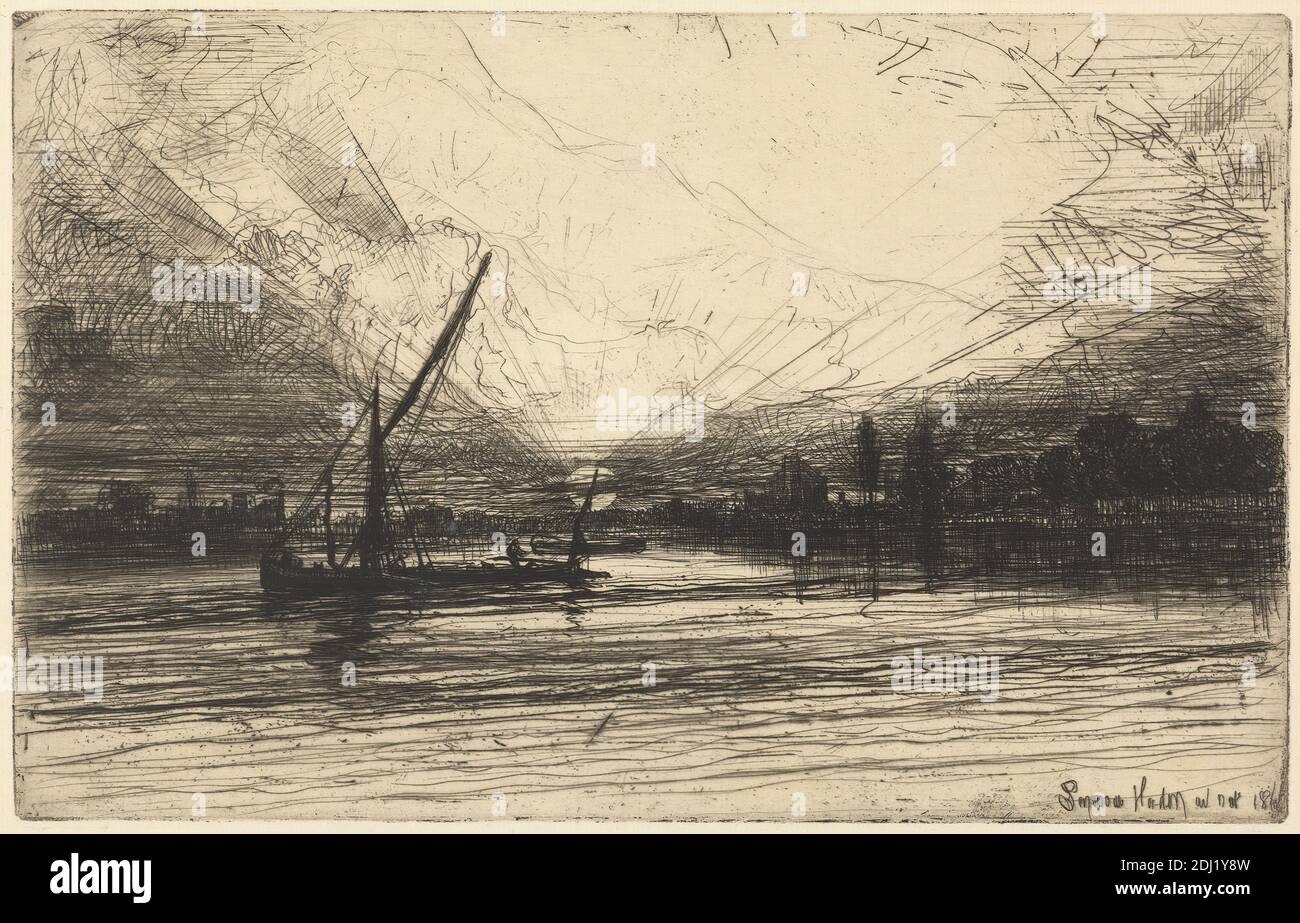 Sunset on the Thames, Francis Seymour Haden, 1818–1910, British, 1865, Ätzung und Trockenpunkt, mit Tellenton auf mittlerem, glattem, cremefarbenem Papier, Blatt: 7 3/4 x 10 3/8 Zoll (19.7 x 26.3 cm), Teller: 5 5/16 x 8 3/8 Zoll (13.5 x 21.3 cm) und Bild: 5 5/16 x 8 3/8 Zoll (13.5 x 21.3 cm), Banken, Lastkähne, Boote, Gebäude, Stadtbild, Wolken, Landschaft, Meereskunst, Masten, Reflexionen, Fluss, Segel, Seemann, Schatten, Küstenlinien, Sonne, Sonnenuntergang, Bäume, England, Europa, Groß-London, Themse, Vereinigtes Königreich Stockfoto